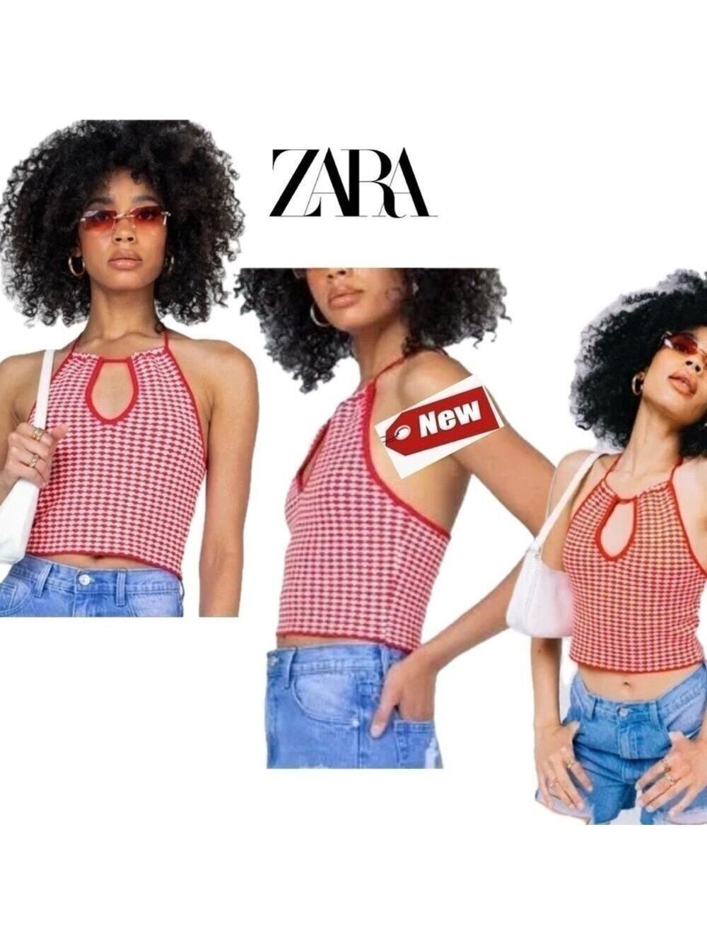 Zara red white printed knit halter crop top Sz M NWT